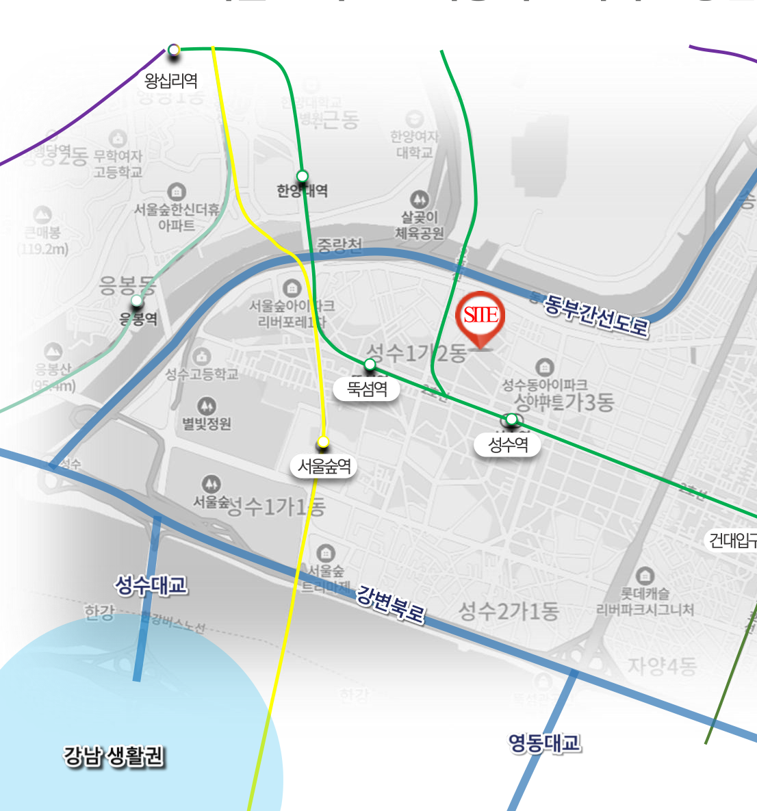 성수테라289 위치와 성수역·뚝섬역·서울숲역·강변북로·동부간선도로를 표시한 교통 지도